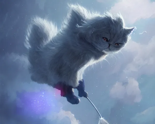 Image similar to one cartoonish kitty dressed as Gandalf floating alone in space, bright stars, anime, a fantasy digital painting by Greg Rutkowski and James Gurney, trending on Artstation, highly detailed