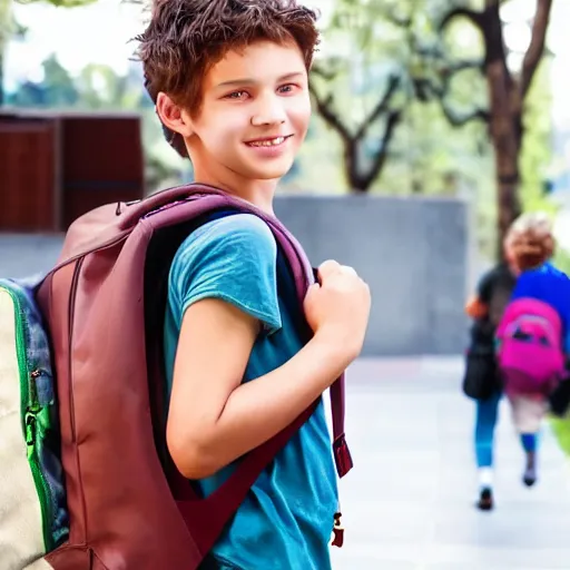 Prompt: cinematic hyperrealism style masterpiece where a student appears with his backpack happy at school