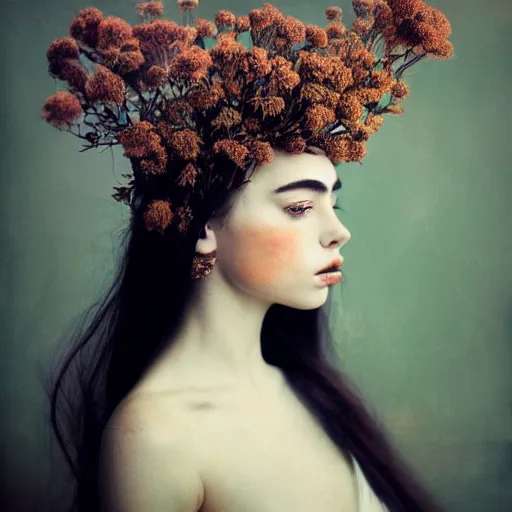 Image similar to fine art photo of the beauty goddess yael shelbia, she has a crown of dried flowers, by oleg oprisco