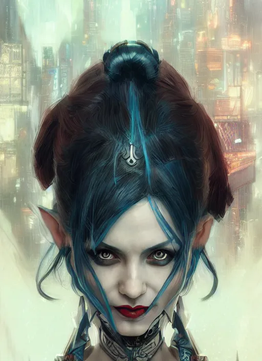 Image similar to a beautiful illustration of cyberpunk elven harley quinn, black hair, intricate, sharp focus, illustration, highly detailed, digital painting, concept art, matte, art by wlop and artgerm and greg rutkowski and alphonse mucha, masterpiece