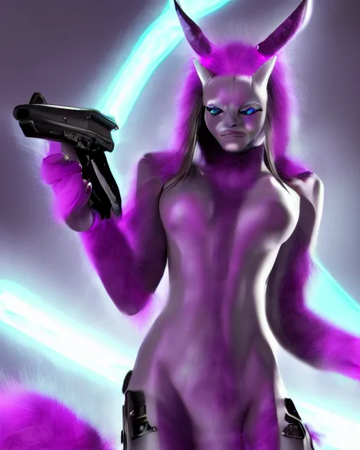 Image similar to gorgeous catgirl alien with horns instead of ears holding a laser rifle, futuristic, sci-fi purple fur, photorealistic CGI