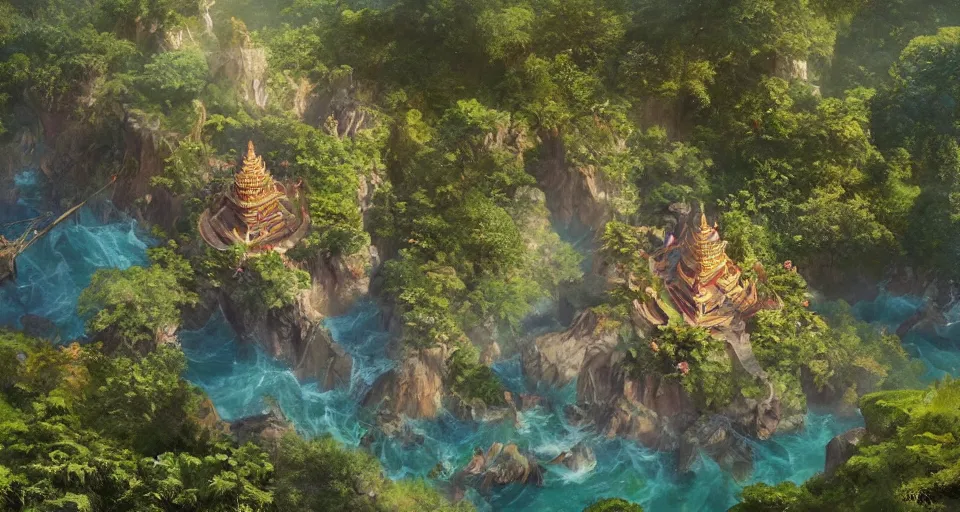 Prompt: Very small fantasy island with a temple in the middle of a tropical forest, view from above. by Greg Rutkowski, by Jesper Ejsing, by Makoto Shinkai, trending artstation, concept art, highly detailed,8k