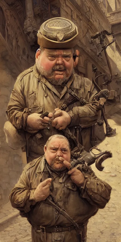 Image similar to fat old drunk guard, detailed, centered, digital painting, artstation, concept art, donato giancola, Joseph Christian Leyendecker, WLOP, Boris Vallejo, Breathtaking, 8k resolution, extremely detailed, beautiful, establishing shot, artistic, hyperrealistic, beautiful face, octane render, cinematic lighting, dramatic lighting, masterpiece