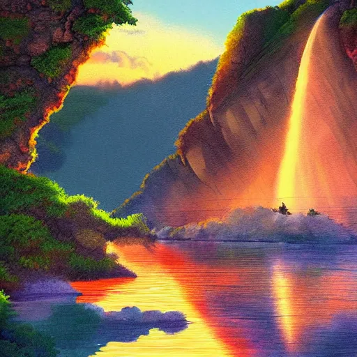 Image similar to beautiful painting of cliffs with waterfall, lake at the bottom of the waterfall, sunset windy evening, studio ghibli, highly detailed digital art