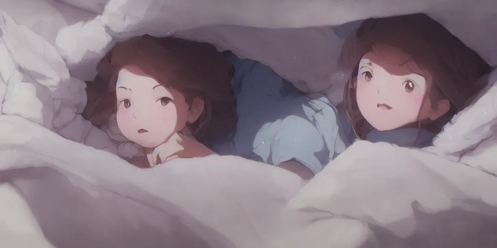 Prompt: a brunnete girl with blue eyes and puffy cheeks lying happy in her bed, close up shot from the top, anime art, Greg Rutkowski, studio ghibli, dramatic lighting