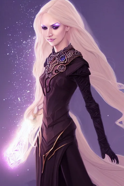 Image similar to portrait of a gorgeous female sorceress, looking at camera, D&D, choker on neck, stylish dark dress, arcane symbols, very long flowing blond hair, intricate, elegant, stylish, cute slightly nerdy smile, mouth slightly open, fantasy, extremely detailed, digital painting, artstation, concept art, smooth, sharp focus, illustration, stunning lighting, art by artgerm and greg rutkowski and alphonse mucha and simon stalenhag