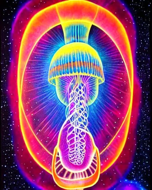 Prompt: detailed realistic geometric glow painting a jellyfish portal emitting light in the cosmos by alex grey symmetry underwater in the cosmos