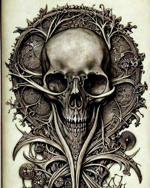 Image similar to memento mori by arthur rackham, art forms of nature by ernst haeckel, exquisitely detailed, art nouveau, gothic, ornately carved beautiful skull dominant, intricately carved antique bone, art nouveau botanicals, ornamental bone carvings, art forms of nature by ernst haeckel, horizontal symmetry, arthur rackham, ernst haeckel, symbolist, visionary