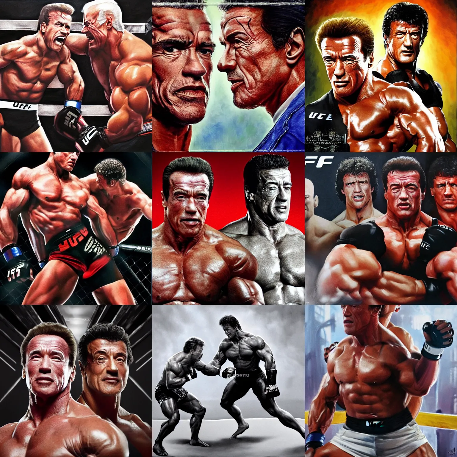 Prompt: Arnold Schwarzenegger and Sylvester Stallone in an UFC fight in octagon, artstation hall of fame gallery, editors choice, #1 digital painting of all time, most beautiful image ever created, emotionally evocative, greatest art ever made, lifetime achievement magnum opus masterpiece, the most amazing breathtaking image with the deepest message ever painted, a thing of beauty beyond imagination or words, 4k, highly detailed, cinematic lighting