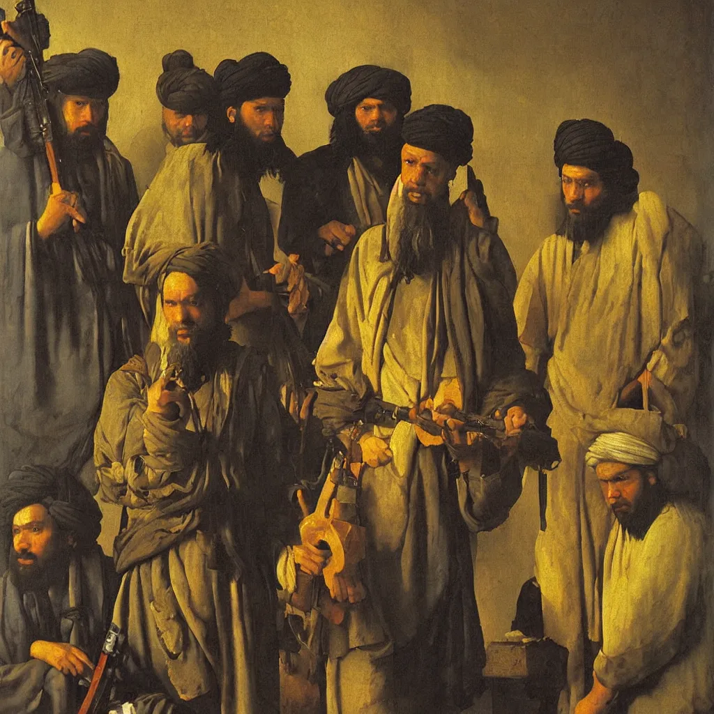 Prompt: taliban by johannes vermeer, oil painting, beautiful lighting, saturated colors, highly detailed.