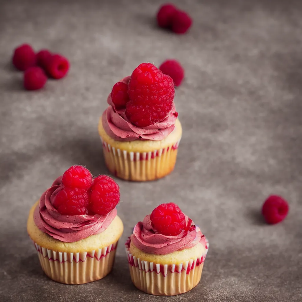 Image similar to raspberry cupcake, dynamic lighting, bokeh, carl zeiss 8 5 mm vintage lens, hyper realistic, award winning food photography