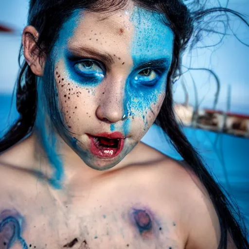 Prompt: close up headshot of a dnd Triton girl with blue skin and messy black hair sitting on the deck of a ship and holding an apple, a little blue-skinned girl with messy black hair sharp pointed ears freckles along the ridges of her cheeks, dnd triton, high resolution film still, 4k, HDR colors