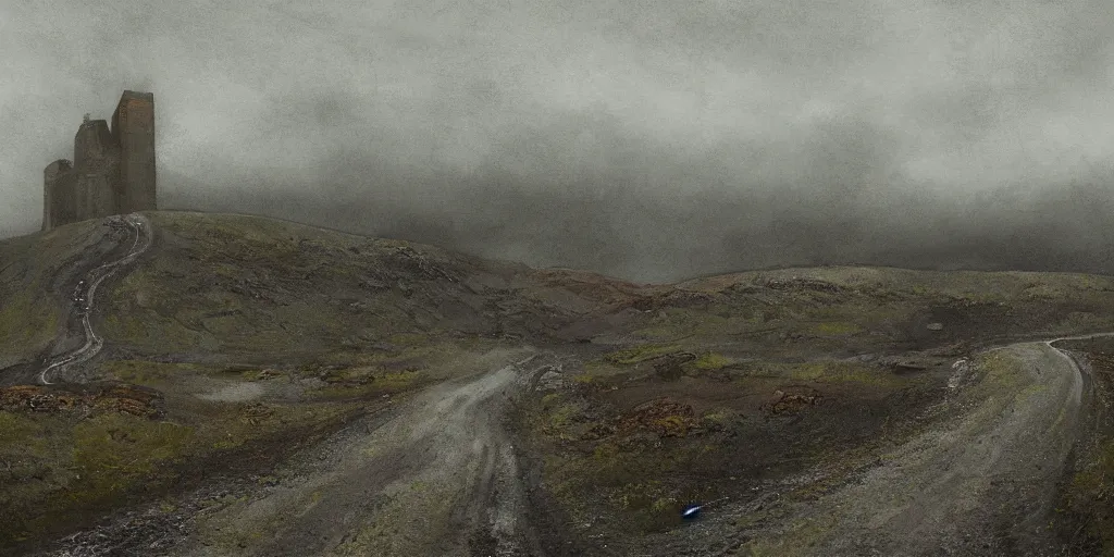 Prompt: A digital painting by Simon Stålenhag of Iceland´s gravel road ,monumental old ruins tower, forest,overcast, of a road in Iceland landscape.