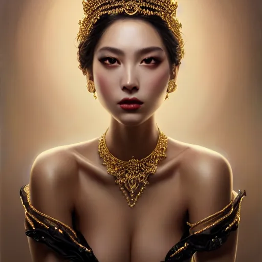 Prompt: expressive oil painting, of alluring european princess, seductive look, smooth glowing skin, glistening body, love, adoration, ornate headpiece made of black beads, glamour shot, slim, by yoshitaka amano, by greg rutkowski, by jeremyg lipkinng, by artgerm, digital art, octane render, white dress