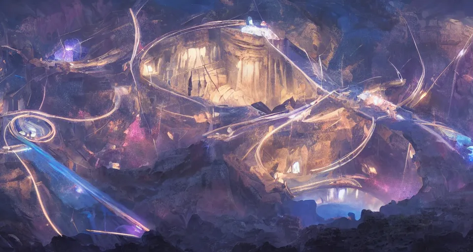 Image similar to night, a lot of people and a spiral - shaped white luminous attractor is floating in grand canyon, concept art, art for the game, professional lighting, art