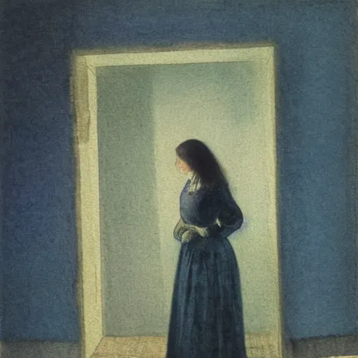 Image similar to close up of a girl in a blue and gold haunted liminal abandoned room, watercolor by goya, by hammershøi, art noveau, highly detailed, lights by edward hopper, liminal, eerie, bright pastel colors