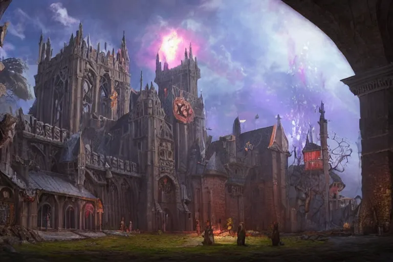 Image similar to epic medieval kingdom, art by den beauvais and rudolph belarski and thomas kidd, trending on artstation, iridescent pink lighting product view blueprint, narrative realism, featured on artstation, unreal engine 5, brocade