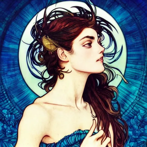 Image similar to in the style of artgerm, arthur rackham, alphonse mucha, phoebe tonkin, symmetrical eyes, symmetrical face, flowing blue skirt, hair blowing, intricate filagree, hidden hands, warm colors, cool offset colors