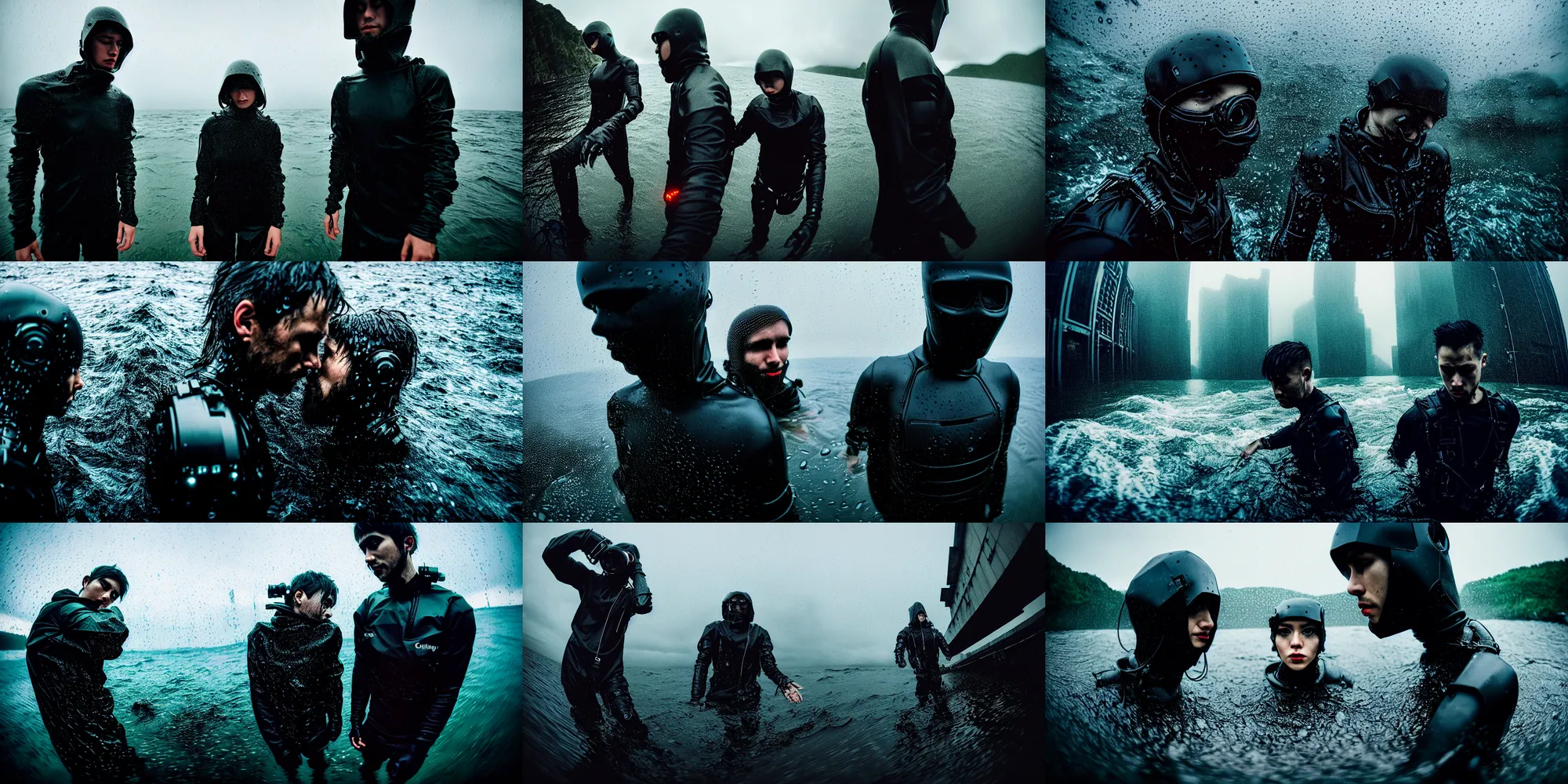 Prompt: cinestill hasselblad 8 mm, f / 1. 2, candid photographic portrait by robert capas of 2 cyborgs wearing rugged black mesh techwear in treacherous waters, extreme fisheye shot, bokeh, modern cyberpunk moody depressing cinematic, pouring rain, 8 k, hd, high resolution, ultra realistic faces, ex machina