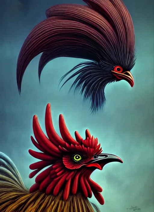 Image similar to realistic detailed image of a rooster feather blowing in an angry and stormy chicken coop, anime art, anime, inspired by H.R. Giger and Zdzislaw Beksinski and Mark Ryden, gothic, rich deep colors. A masterpiece, matte painting, digital art, trending on artstation.