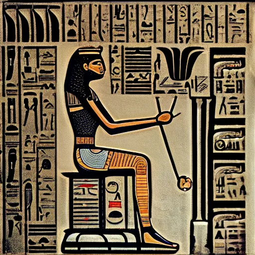 Image similar to ancient egyptian hieroglyphs depicting a person listening to a Walkman CD player