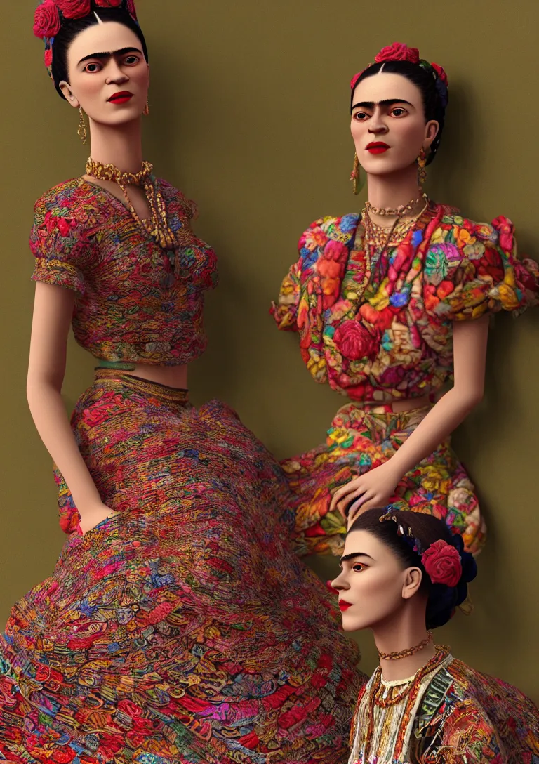 Image similar to cloths on frida khalo style, high detailed intricate fashion clothing, cotton texture, silk colors, ultra realistic, octane render, volumetric lights, long, wide skirts, loose - fitting blouses, elaborate hairstyles, and intricate embroidery