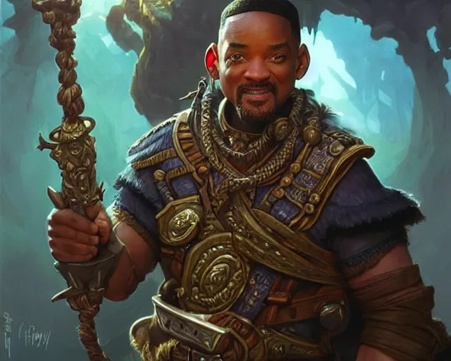 Prompt: if will smith was a halfling from d & d, deep focus, d & d, fantasy, intricate, elegant, highly detailed, digital painting, artstation, concept art, matte, sharp focus, illustration, hearthstone, art by artgerm and greg rutkowski and alphonse mucha