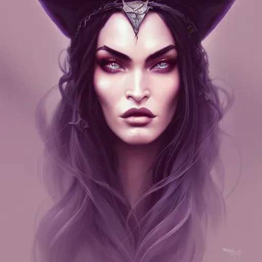 Image similar to an insanely detailed portrait of a beautiful witch that looks like megan fox with long dark purple hair, wearing black witch hat, beautiful detailed eyes, in the style of peter mohrbacher, artgerm, dramatic lighting and composition, octane render, trending on artstation, concept art