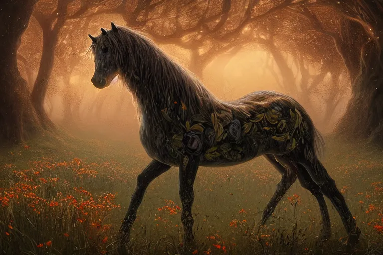 Image similar to a stunning digital painting of a horse made of instricately engraved gnarled wood with a mane of bioluminescent flowers running through a field of flowers by greg rutkowski, flowercore, volumetric light, digital art, fine detail, photorealistic