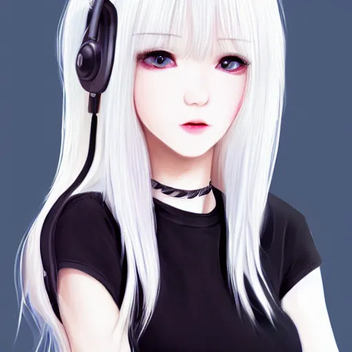 Image similar to realistic detailed semirealism beautiful gorgeous natural cute excited happy Blackpink Lalisa Manoban white hair white cat ears blue eyes, wearing black camisole outfit, headphones, black leather choker artwork drawn full HD 4K high resolution quality artstyle professional artists WLOP, Aztodio, Taejune Kim, Guweiz, Pixiv, Instagram, Artstation