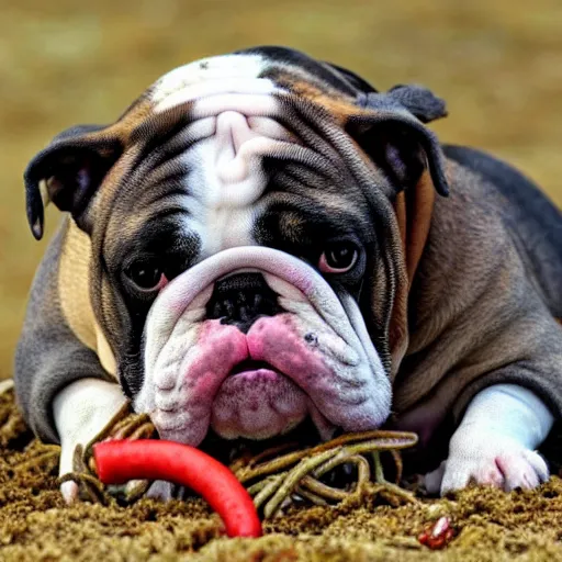 Prompt: bulldog eats worms