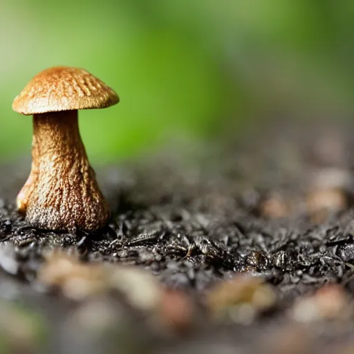 Prompt: outdoors, a tiny mushroom with smiley face and arms, anamorphic, dramatic lighting, professional macro photography, kodak ektar film