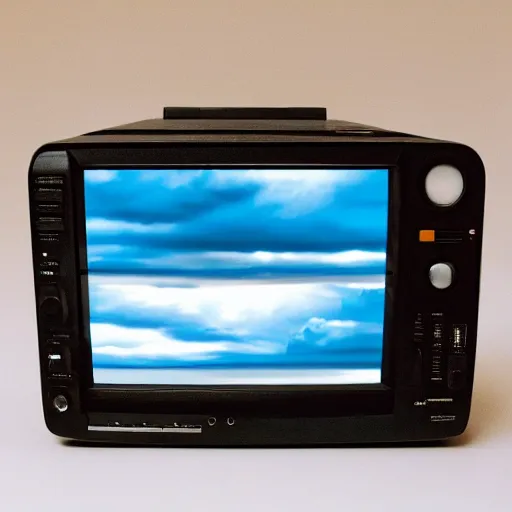 Prompt: a professional studio photograph (((((((((((((((((((((((((of a 90s television and VHS combo playing a video))))))))))))))))))))))))) of clouds, key light, 50mm, shallow depth of field, no artefacts