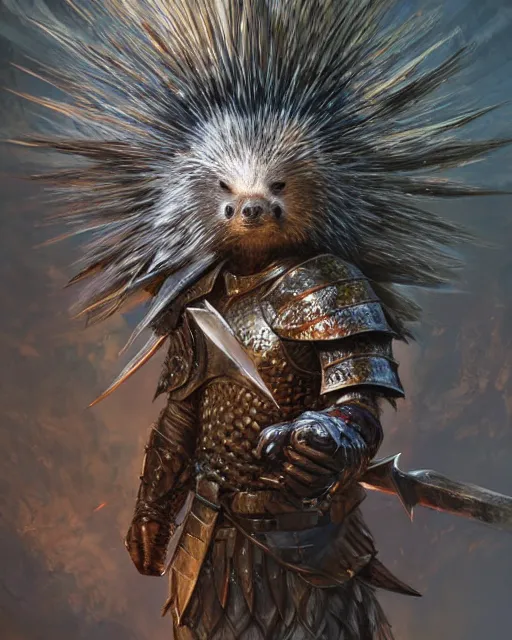 Prompt: Porcupine warrior in armor, portrait, woodlands, magic the gathering artwork, D&D, fantasy, cinematic lighting, centered, symmetrical, highly detailed, digital painting, artstation, concept art, smooth, sharp focus, illustration, volumetric lighting, epic Composition, 8k, art by Akihiko Yoshida and Greg Rutkowski and Craig Mullins, oil painting, cgsociety