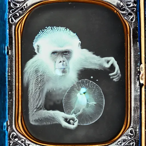 Image similar to tintype photo, underwater with bubbles, monkey rides a jellyfish