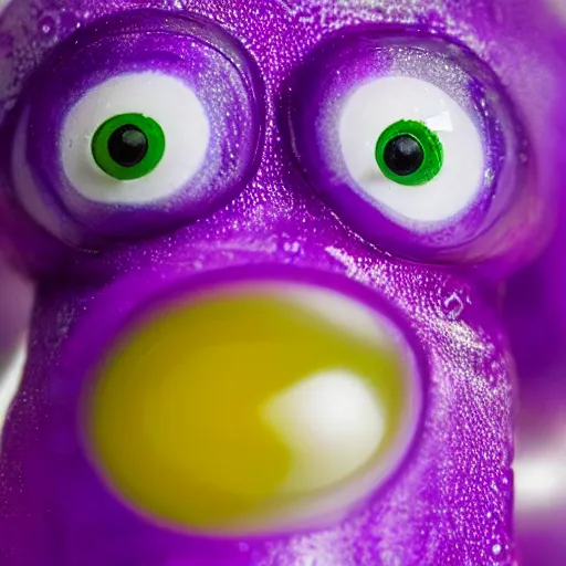 Image similar to cute purple squid made of soft candy, close up shot, purple color, jelly like texture