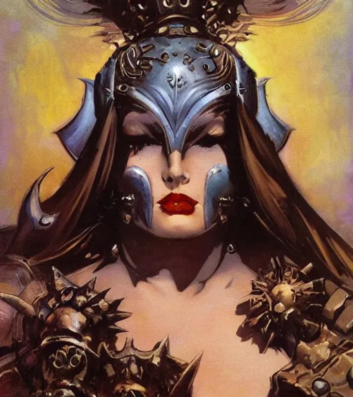 Prompt: portrait of plus size female chaos angel, beautiful! coherent! by frank frazetta, by brom, strong line, deep color, spiked metal armor, maximalist