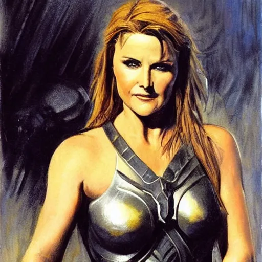 Image similar to portrait of lucy lawless wearing armor and holding sword by frank fazetta, fantasy, barbarian