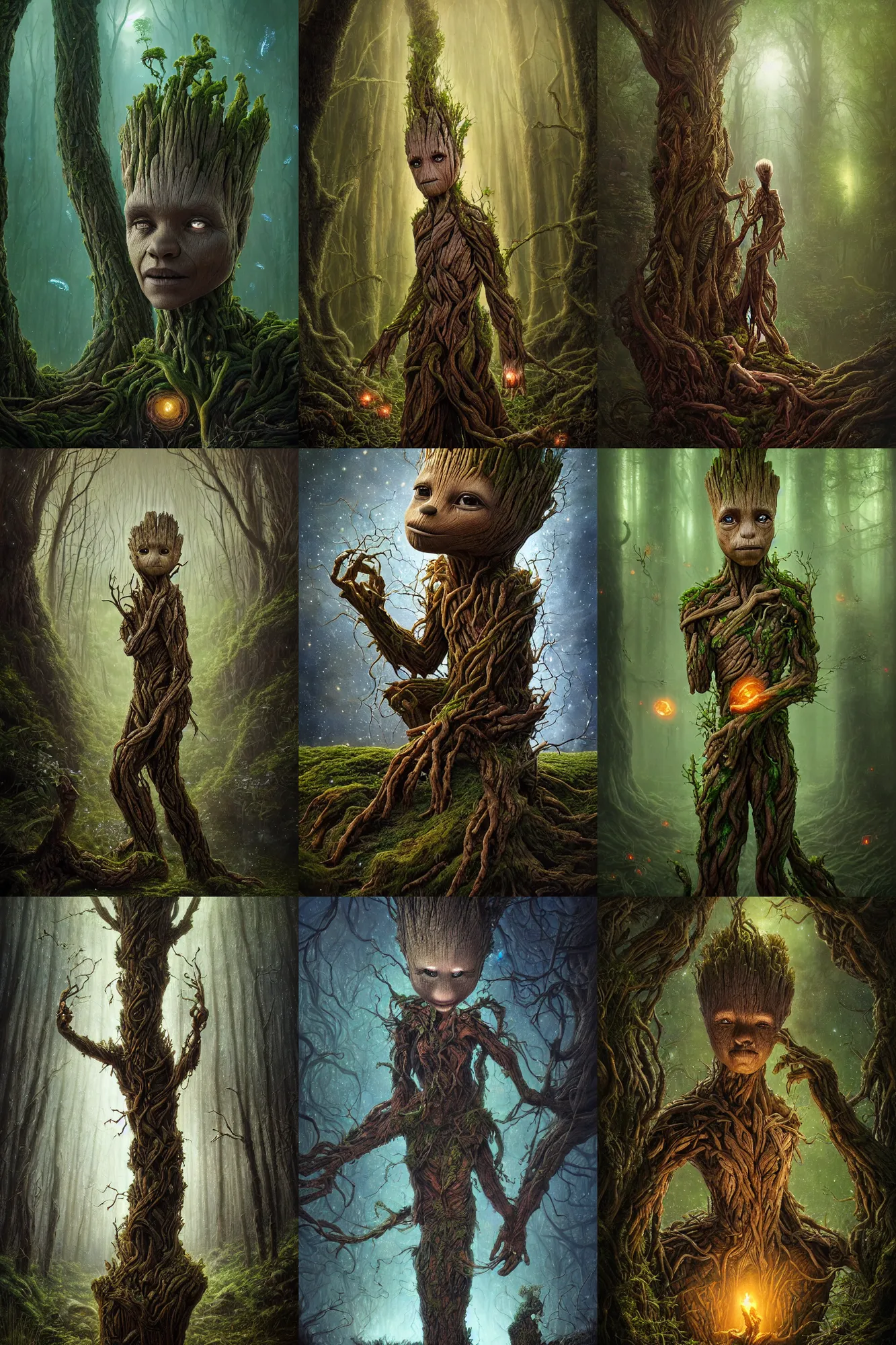 Prompt: a stunning ultra detailed fantasy fine art photo of a sleeping groot connected to a barren sinuous forest surrounded by fireflies, by tomasz alen kopera and anna dittman, night, very detailed, deep depth of field, 5 0 mm lens, soft lighting, artstation, highly coherent, 8 k