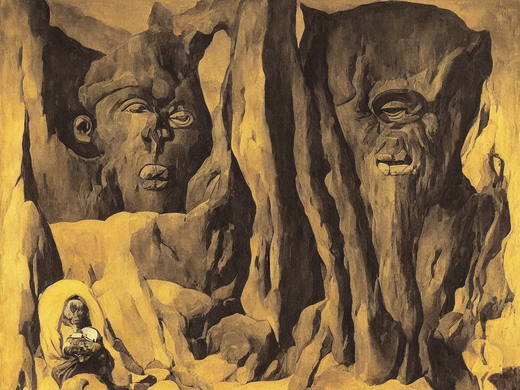 Image similar to Portrait of a hermit living in the nostril of the giant African mask sculpture god, cavern. Aurora, desert fauna, dark night of the soul. Georges de la Tour, Rene Magritte, Jean Delville, Max Ernst, Maria Sybilla Merian