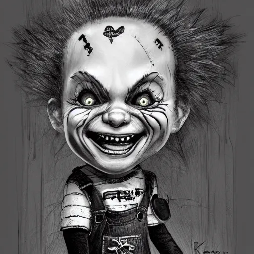 Image similar to surrealism grunge cartoon portrait sketch of chucky with a wide smile, by michael karcz, loony toons style, freddy krueger style, horror theme, detailed, elegant, intricate