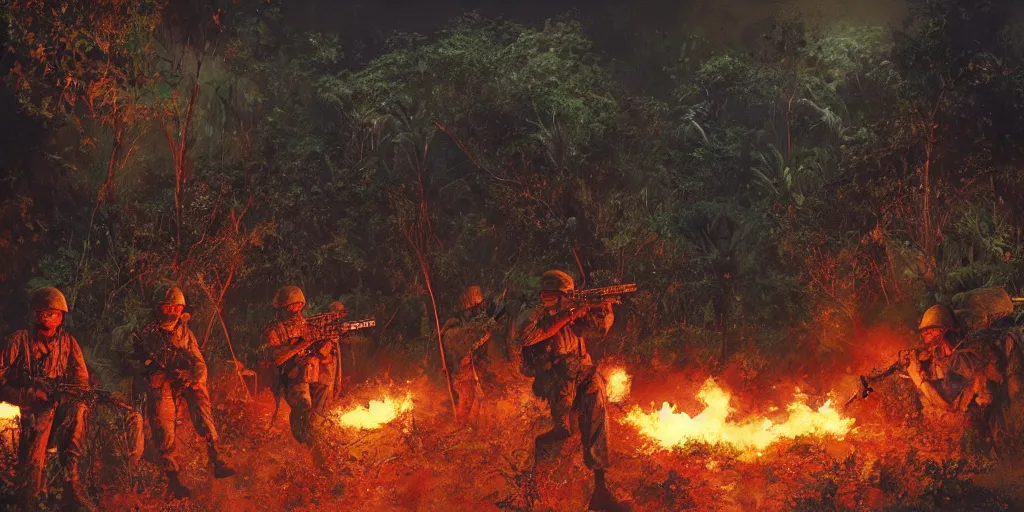 Prompt: a squad of american soldiers in combat in the vietnamese jungle at night illuminated by napalm strike, beautiful, vivid, cinematic, art by craig mullins