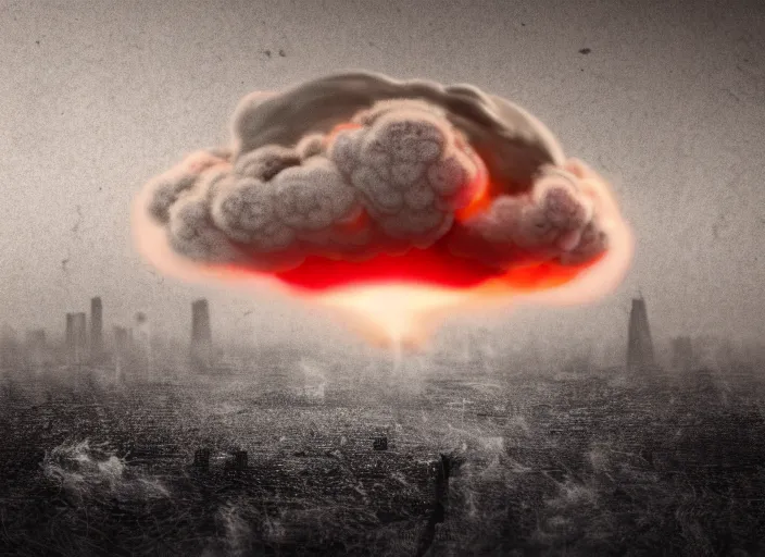 Image similar to soft drawing of a photorealistic life-like nuclear explosion with a mushroom cloud and shockwaves with dust and fog in the city. Centered. Horror dystopia style. Highly detailed 8k. Intricate. Nikon d850 300mm. Award winning photography.