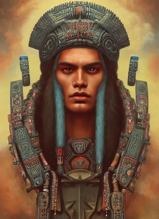 Image similar to portrait of tlaloc the aztec god of rain and thunder, by bogdan rezunenko and denys tsiperko and tom bagshaw, magic realism