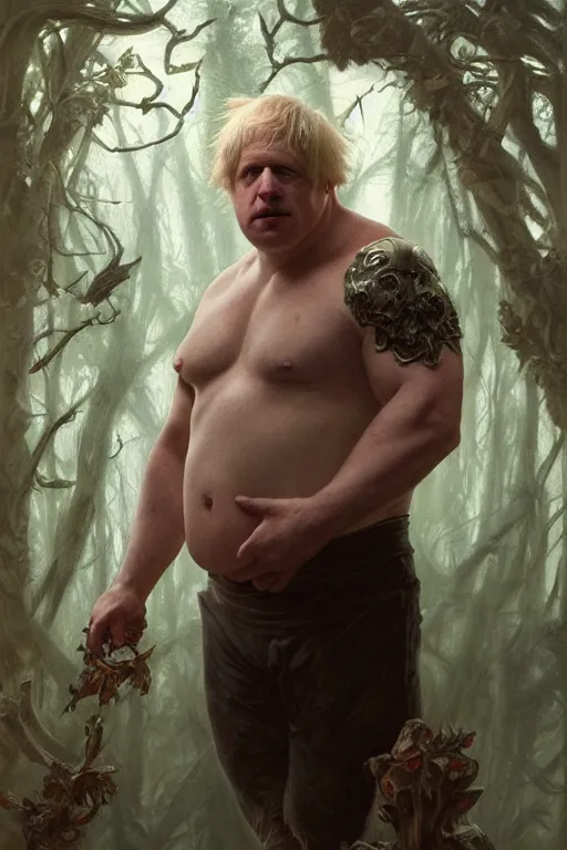 Image similar to portrait of boris johnson as a very pale hulking herculean demon, big pot belly, forest, godlike, full body, fantasy, intricate, elegant, highly detailed, digital painting, artstation, concept art, sharp focus, illustration, art by artgerm and greg rutkowski and alphonse mucha