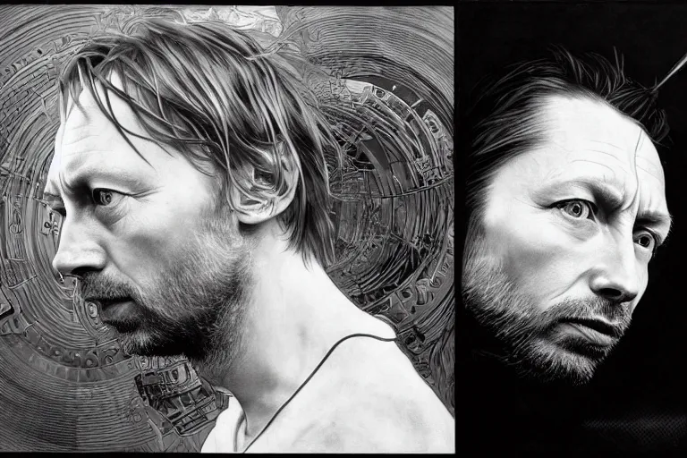 Image similar to hyper realistic portrait of thom yorke version singer songwriter ok computer, ( side ) profile, liminal space, by lee bermejo, alphonse mucha and greg rutkowski