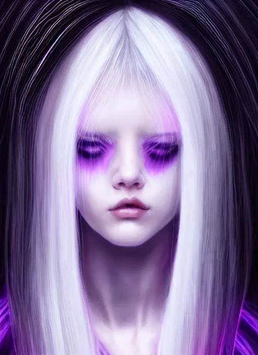 Image similar to hair whitebangs hair, black cyberlox, portrait of teenage girl with white bangs, whitebangsblackhair, messy bangs, cyberlox, whitebangs, red irises, purple clothes, intricate, elegant, glowing lights, highly detailed, digital painting, artstation, concept art, sharp focus, illustration, art by wlop, mars ravelo and greg rutkowski