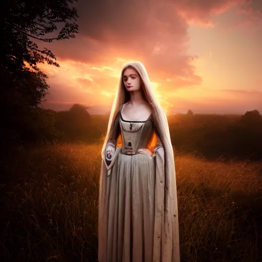 Image similar to photographic portrait of a stunningly beautiful medieval maiden gothic female in soft dreamy light at sunset, contemporary fashion shoot, by edward robert hughes, annie leibovitz and steve mccurry, david lazar, jimmy nelsson, breathtaking, 8 k resolution, extremely detailed, beautiful, establishing shot, artistic, hyperrealistic, beautiful face, octane render