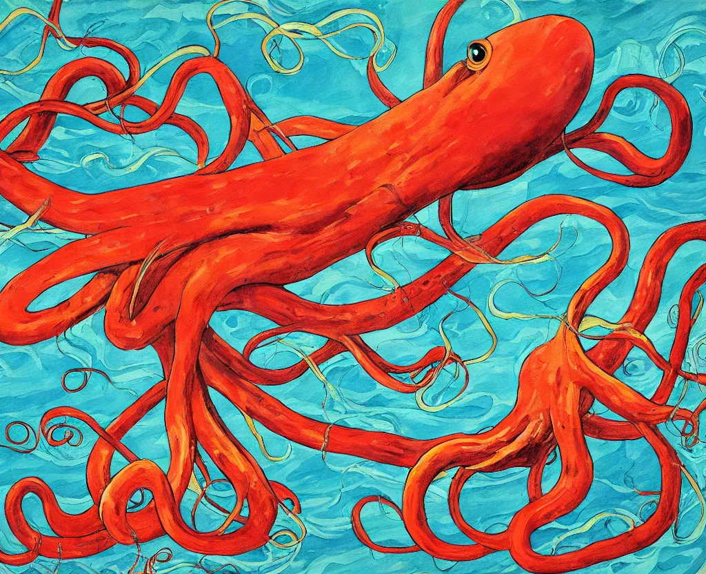 Image similar to a painting of a giant squid with evil tentacles menacing the world, saturated color scheme