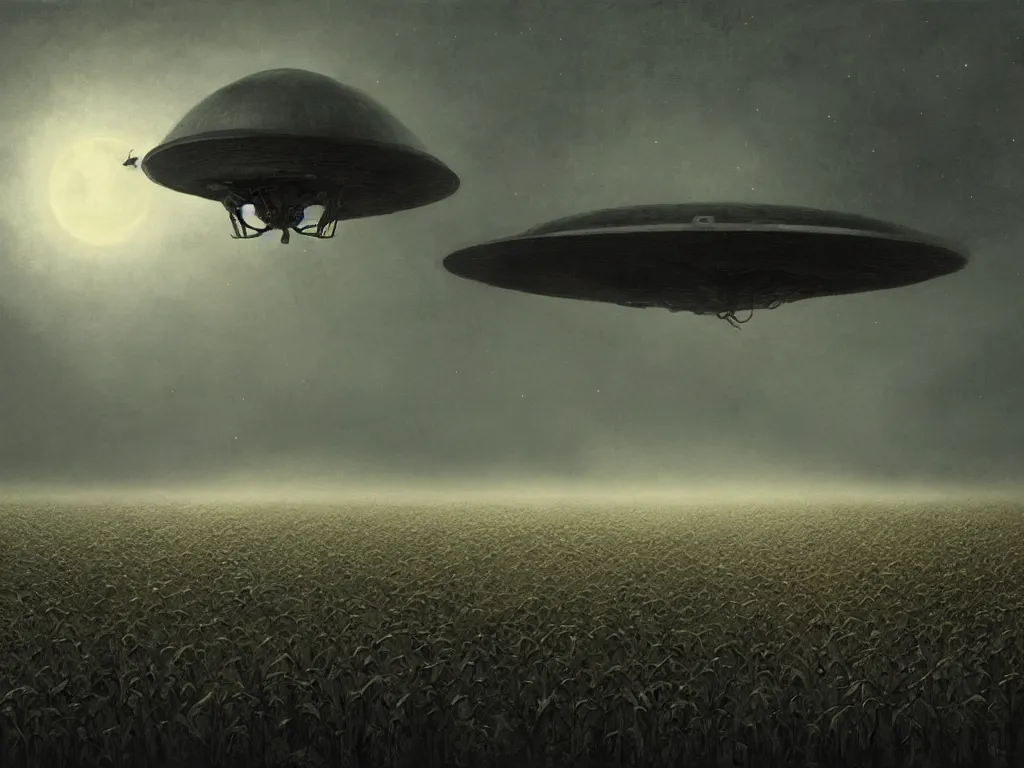 Image similar to Dark fantasy Painting of a UFO spaceship floating over a foggy corn field at night, creepy, unsettling, horror, thriller, mystery, intricate, wild, highly detailed, digital painting, artstation, concept art, smooth, sharp focus, illustration, art by artgerm and greg rutkowski and alphonse mucha